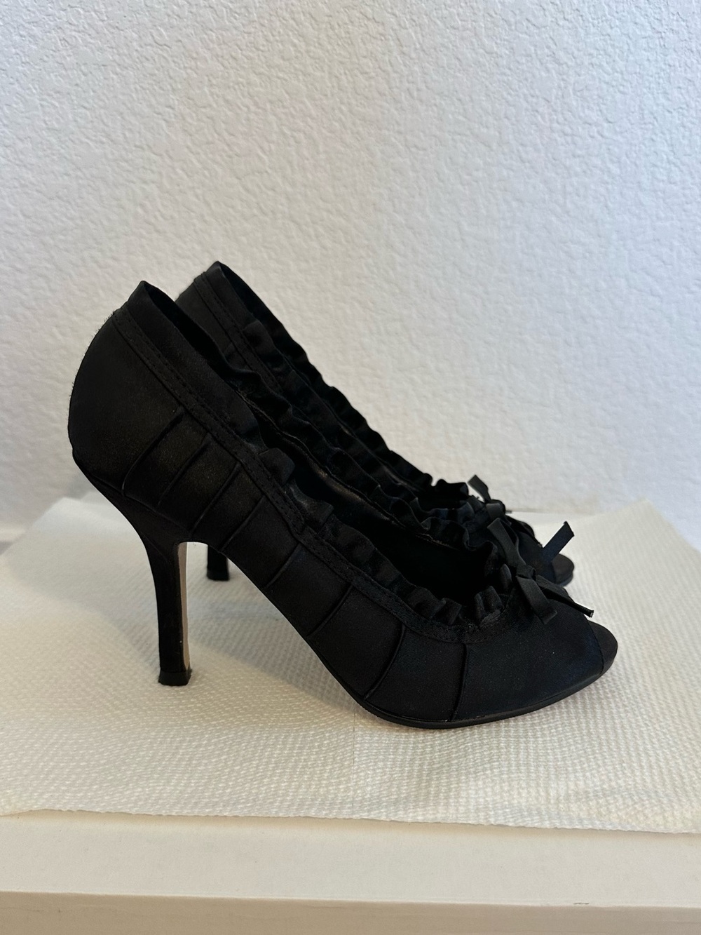 Classic Black Satin Ruffle Peep-Toe Heels